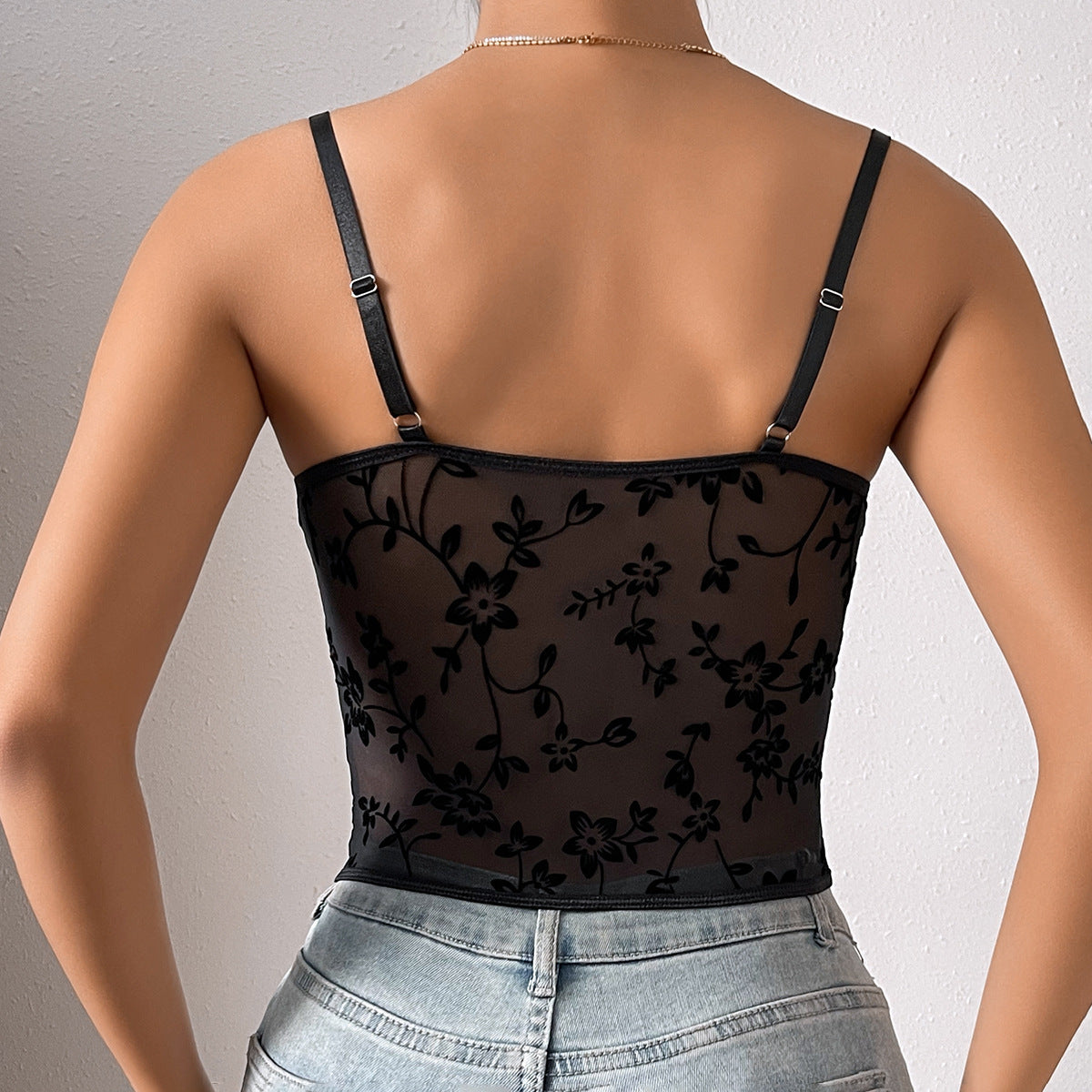 Low-Cut See-through Sling Stitching Mesh Fishbone Girdle Short