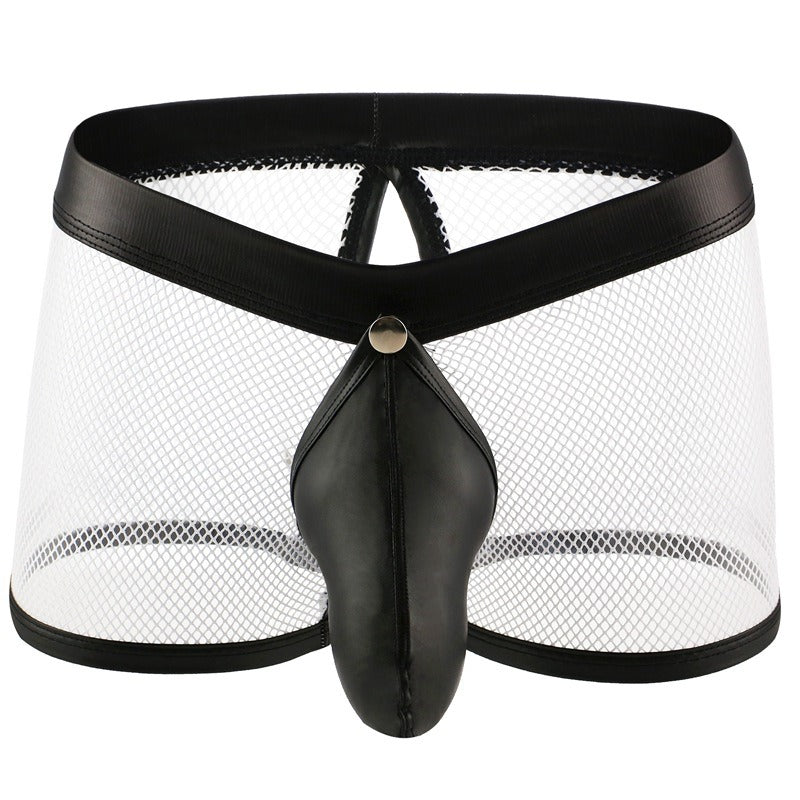 Men's Neon Mesh Boxer Briefs PU Leather Trim Pouch Low Rise Underwear