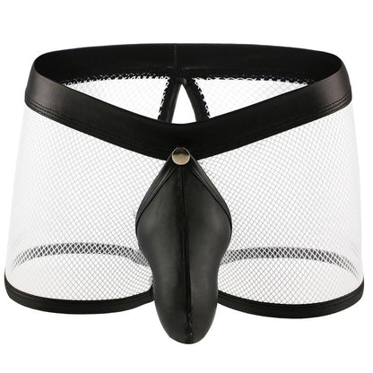 Men's Neon Mesh Boxer Briefs PU Leather Trim Pouch Low Rise Underwear