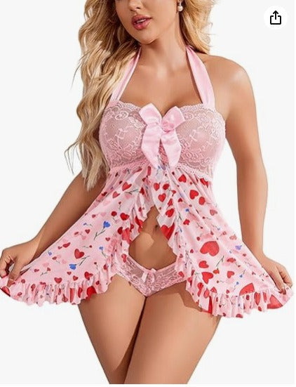 Lace Babydoll Dress Halter Neck Sheer Mesh Nightgown Sexy Lingerie