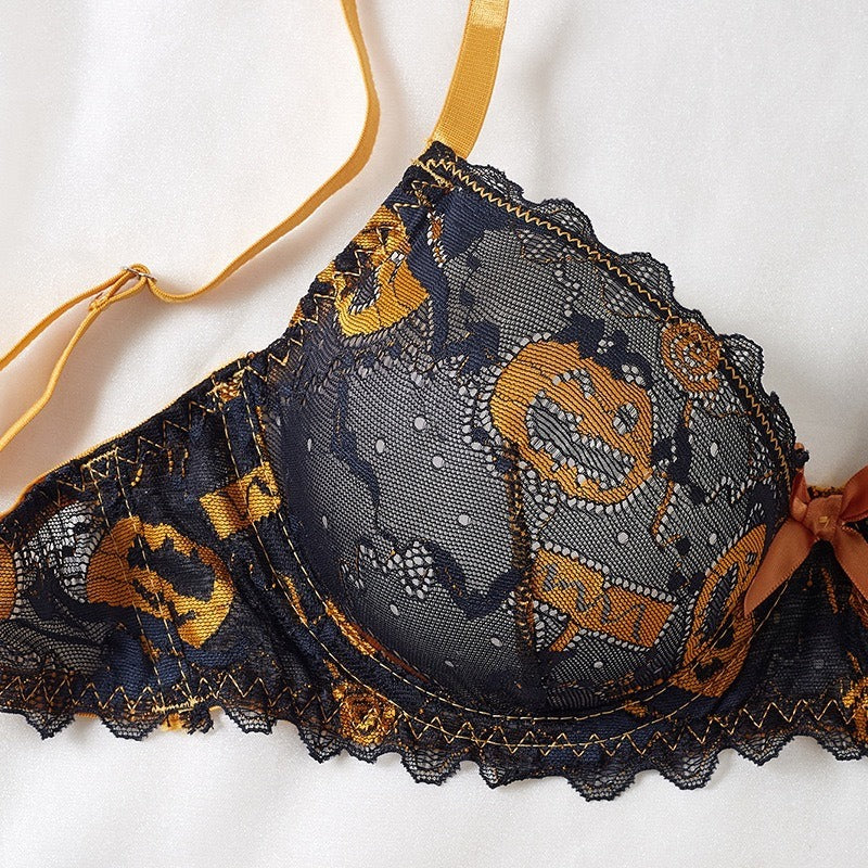 Halloween Pumpkin Print Lingerie Set 3 Piece Lace Bralette Garter Belt & Thong