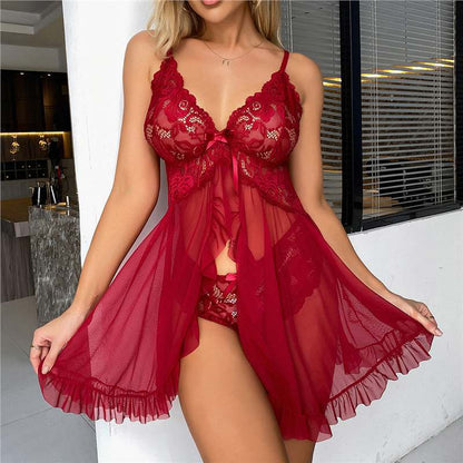 Deep V-Neck Lace See Through Sexy Nightdress Set
