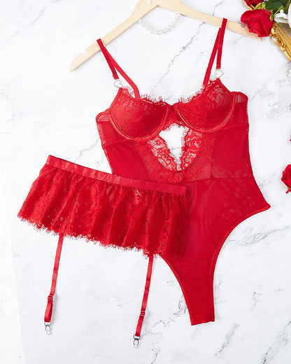 Lace Hollow Out Bodysuit Mini Skirt with Garter