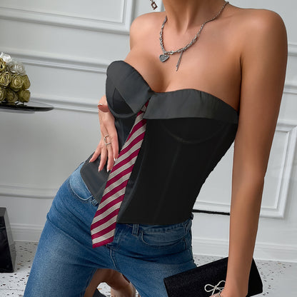Low-Cut Hot Girl Tie Solid Color Fishbone Lace-up Steel Ring Top