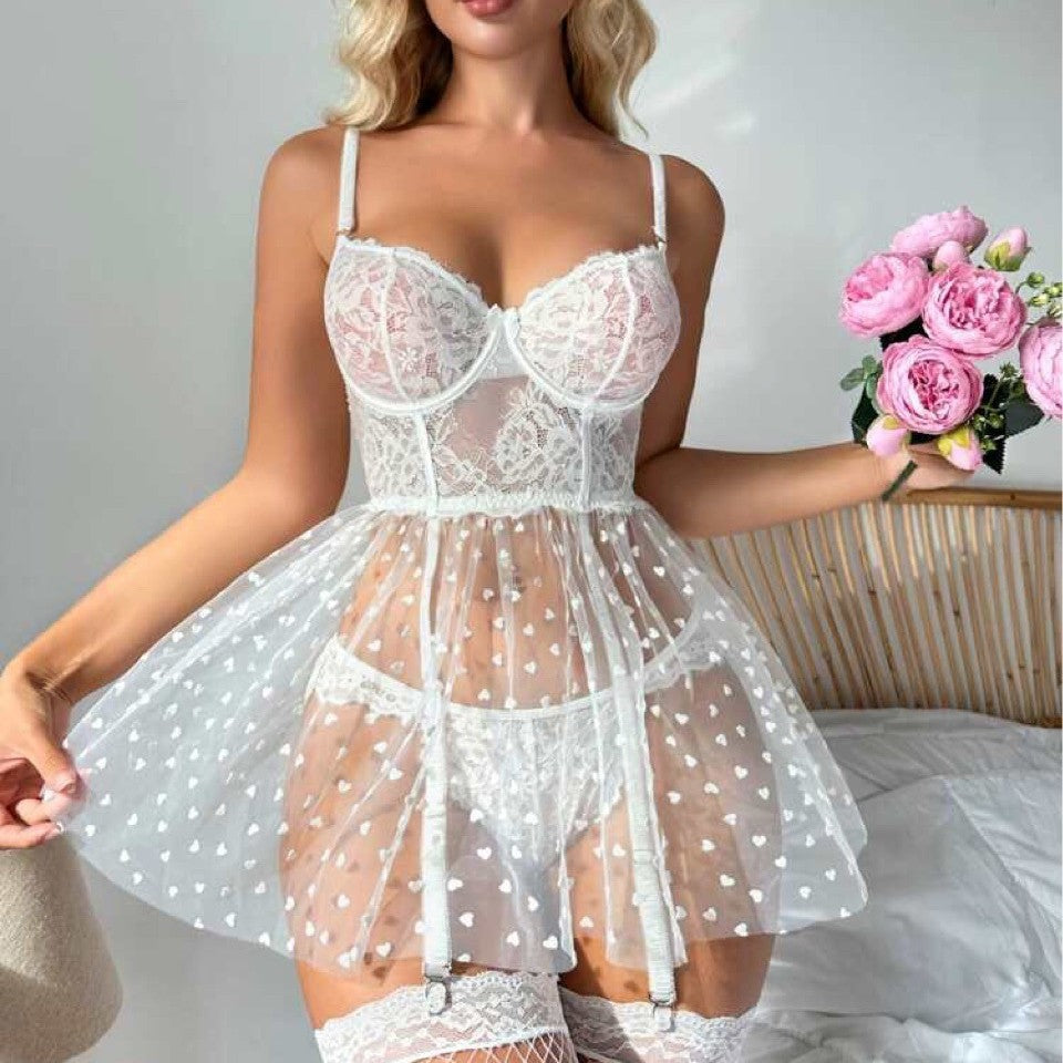 Sheer Heart Print Teddy Dress with Garter Straps