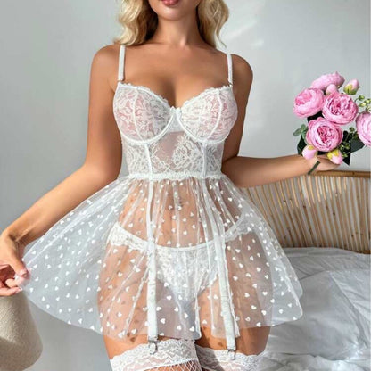Sheer Heart Print Teddy Dress with Garter Straps