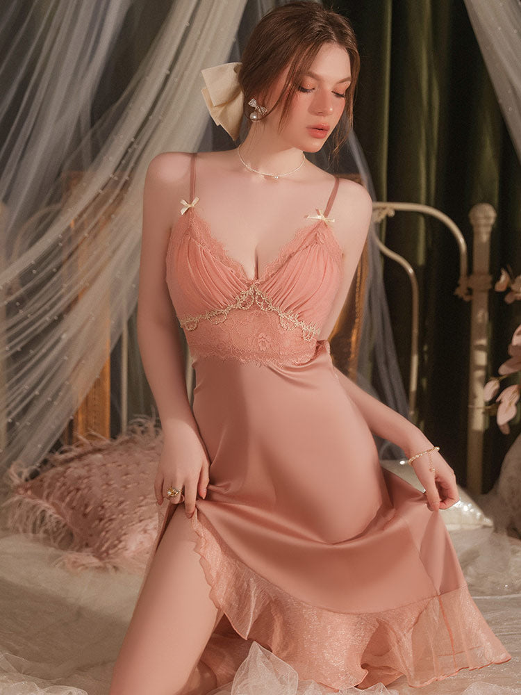 Sexy Embroidered Lace Backless Satin Nightgown Set