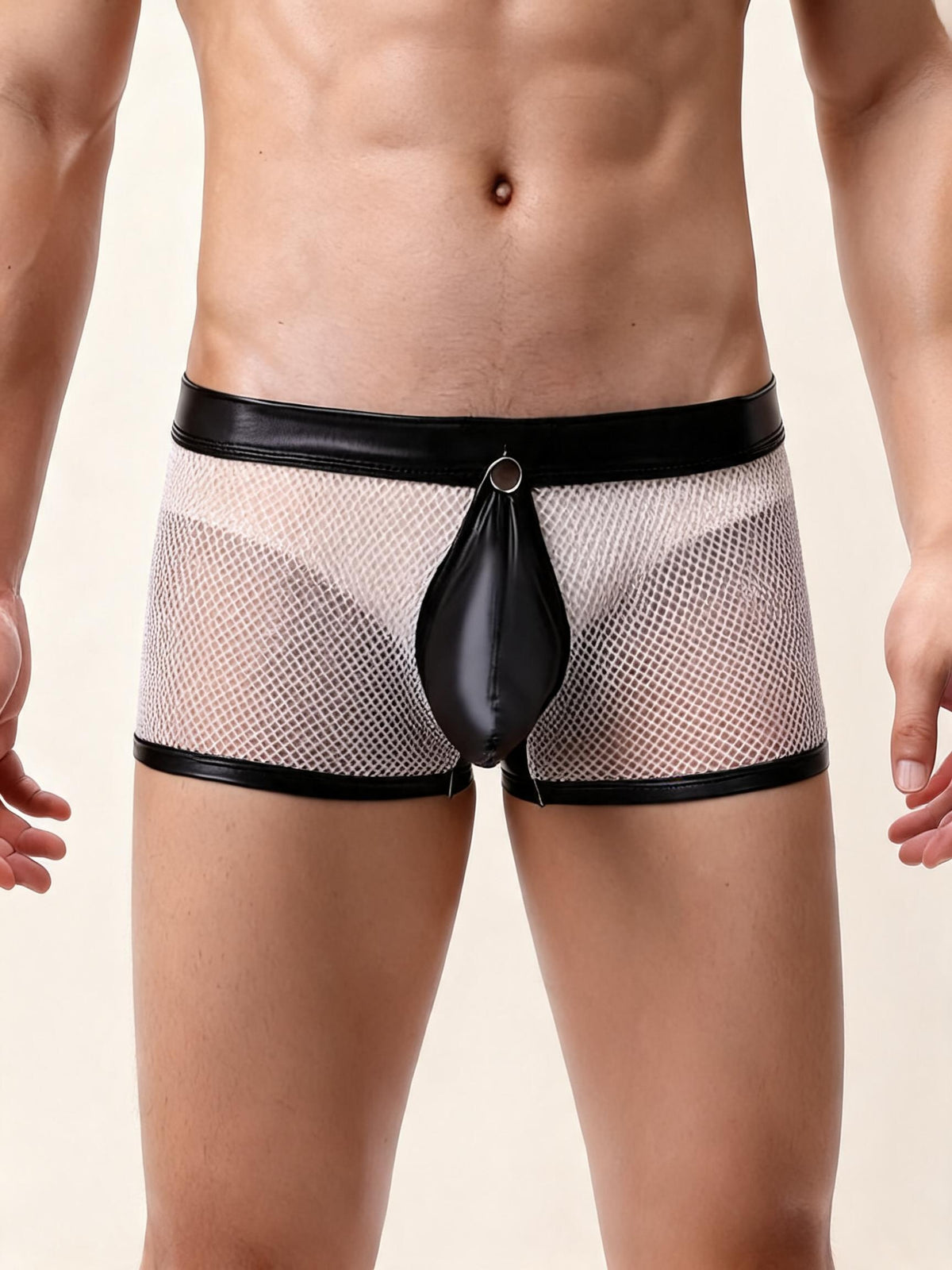 Men's Neon Mesh Boxer Briefs PU Leather Trim Pouch Low Rise Underwear
