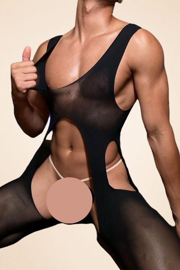 Men's Sheer Mesh Bodysuit with High Cut Legs