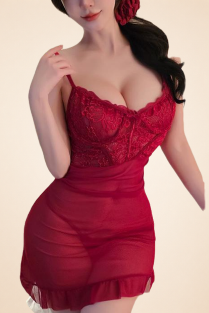 Sexy LaceFront Zipper Lace Up Chemise Sheer Mesh Nightgown