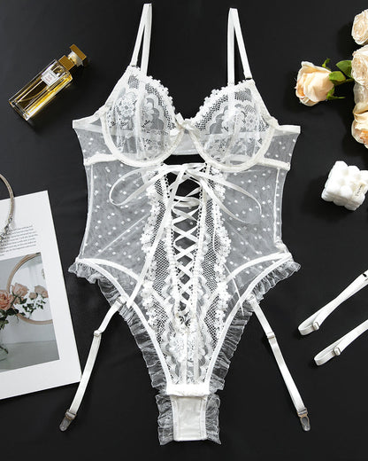 Lace Hollow Cross Strap Bodysuit