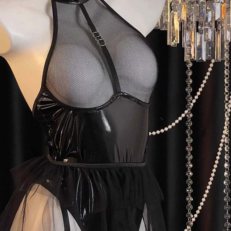 Black Wet Look Bodysuit Halter Mesh Garter Lingerie Set