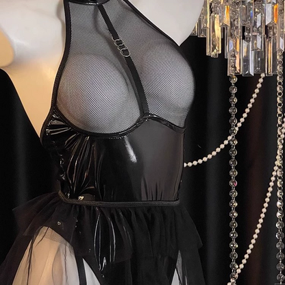 Black Wet Look Bodysuit Halter Mesh Garter Lingerie Set
