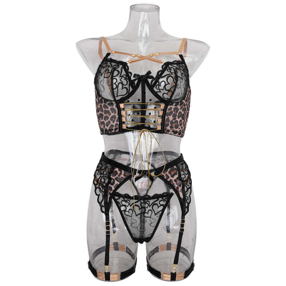 Embroidered Leopard Print Mesh Fashionable Contrasting Color Sexy Lingerie Five Piece Set