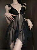 Lace Ruffled Suspender Babydoll Dress with Thong
