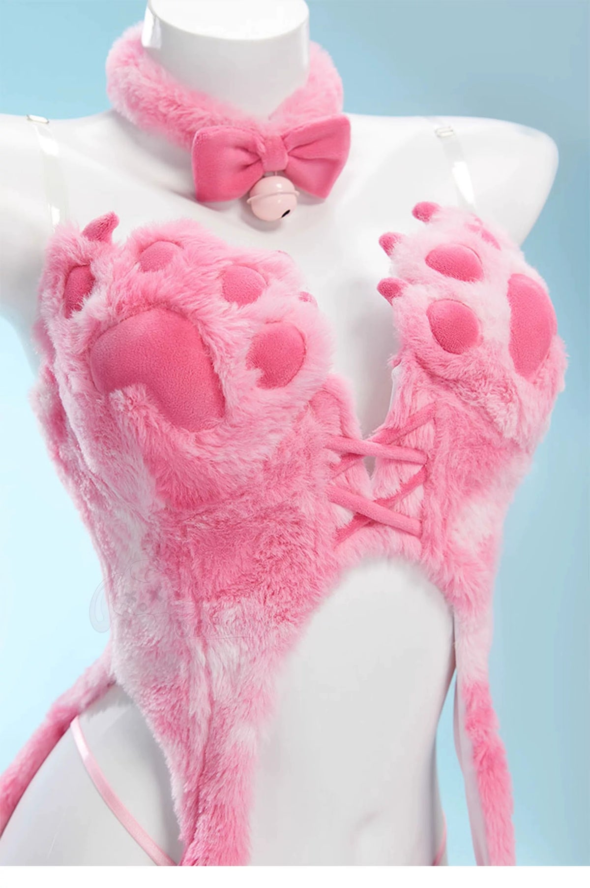 Cat Bunny Cosplay Lingerie Set Black Plush 2 Piece Top & Panties with Paw Print Tail