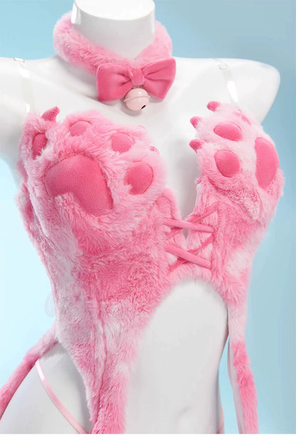 Cat Bunny Cosplay Lingerie Set Black Plush 2 Piece Top & Panties with Paw Print Tail