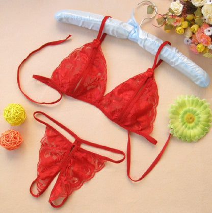 Sexy Transparent Lace Women's Open-Crotch Three-Piece Set Seductive Sexy Lingerie