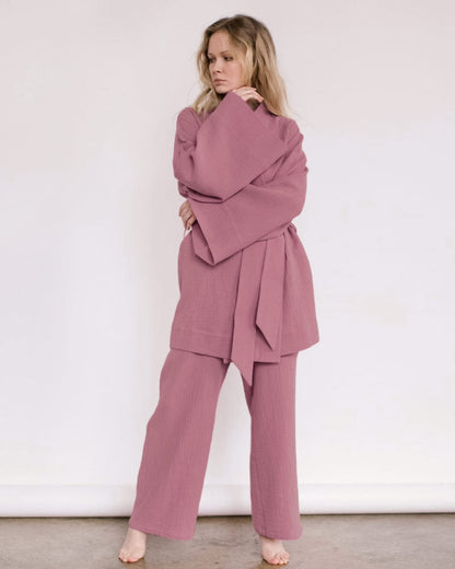 Loose-fit Line Gauze Pajama Bathrobe Set