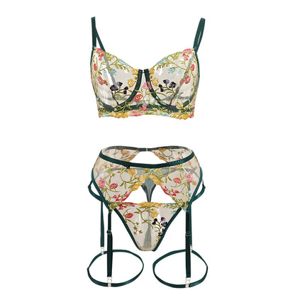 Idyllic 4-Piece Erotic Lingerie Set Floral Embroidered Underwire Bra Sexy Thong with Leg Rings