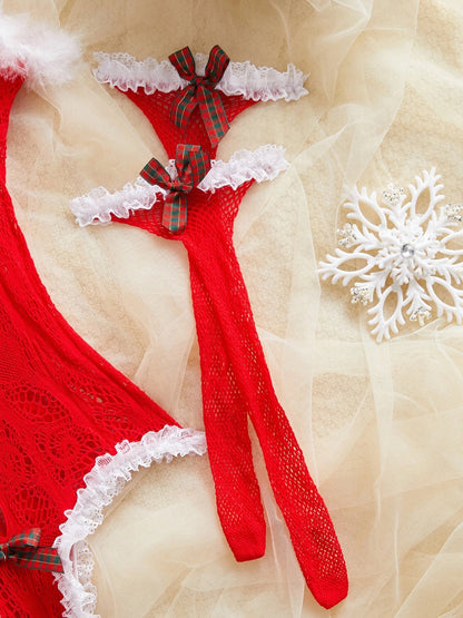 Christmas Bunny Lingerie Set Red Lace Bodysuit Cosplay Costume with Garter