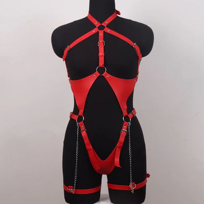 Leather Harness Bodysuit O-Ring Cutout Strappy Lingerie