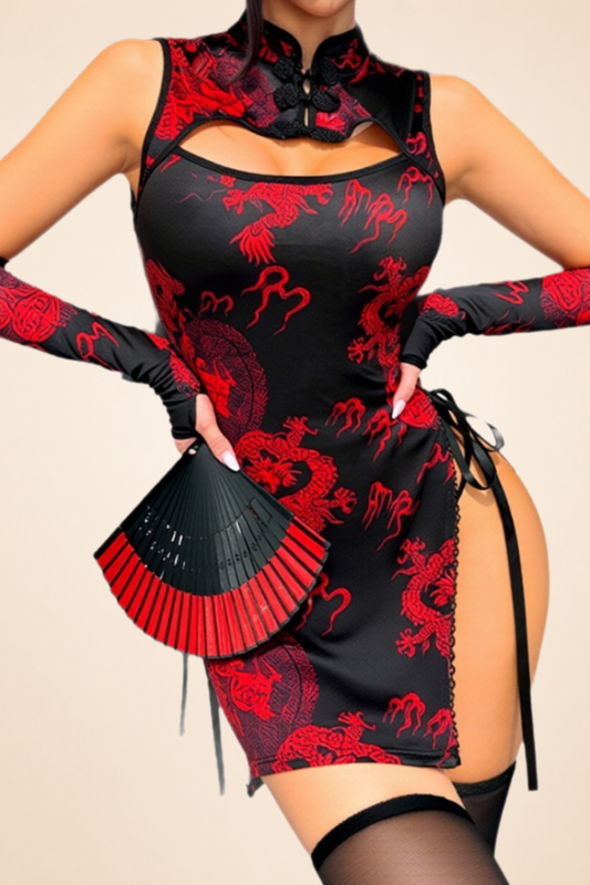 Red Dragon Print Cheongsam Dress with Side Tie