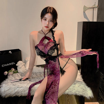 Sexy Sheer Halter Neck Cheongsam Uniform Suit