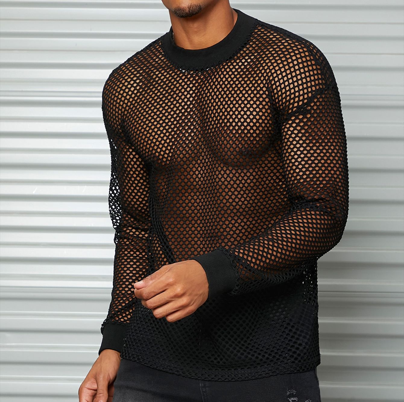 Men's Long Sleeve Fishnet Mesh Top