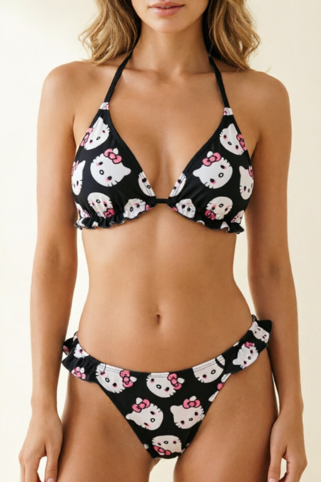 Halter Tie & Side Tie Cute Swimsuit Hello Kitty Print Triangle Bikini