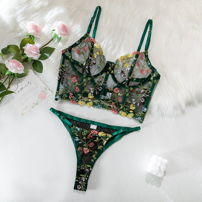 Gorgeous Lingerie Set Underwire Boned Floral Seductive Thong with Thigh Straps