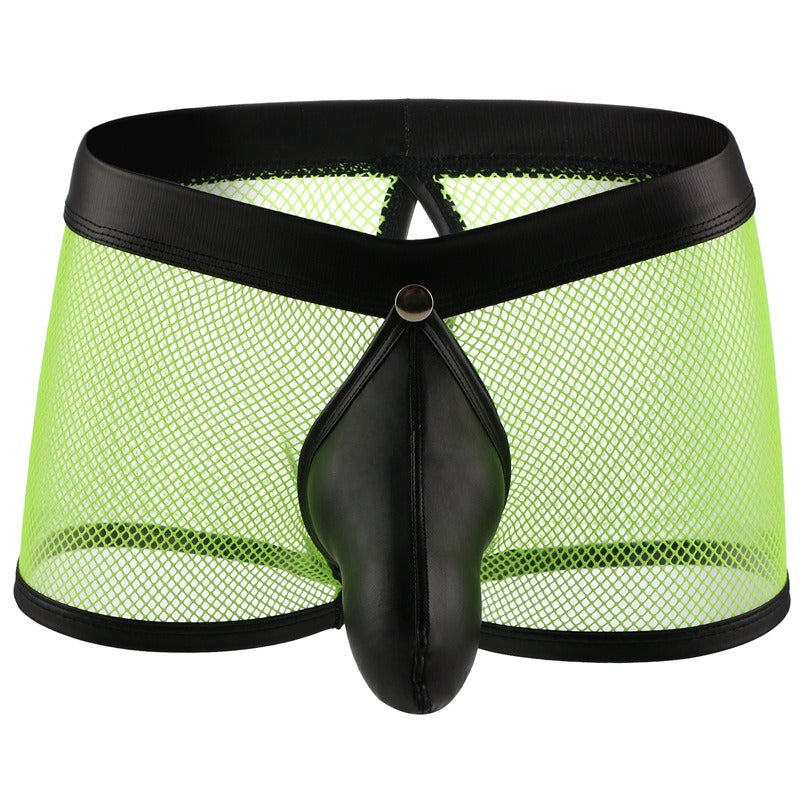 Men's Neon Mesh Boxer Briefs PU Leather Trim Pouch Low Rise Underwear