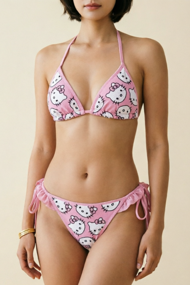 Halter Tie & Side Tie Cute Swimsuit Hello Kitty Print Triangle Bikini