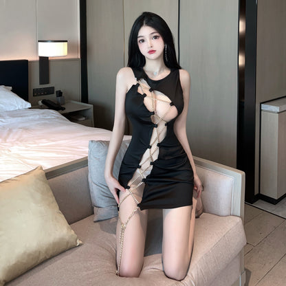 Hollow Out Teddy Dress with Body Chain