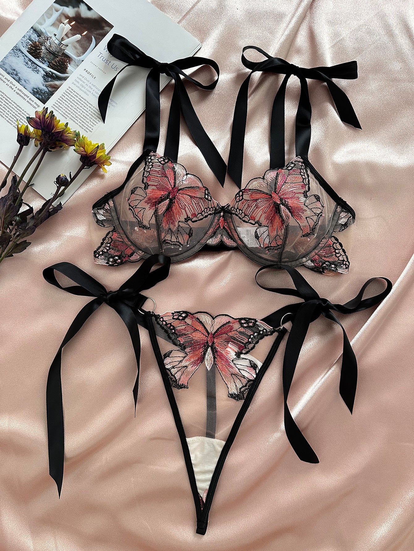 Butterfly Mesh Embroidery See-through Sexy Lingerie Set
