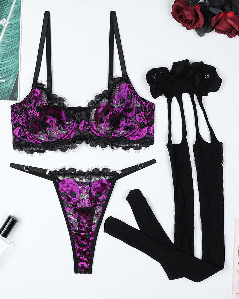 Skull Lace Stockings Bra Set