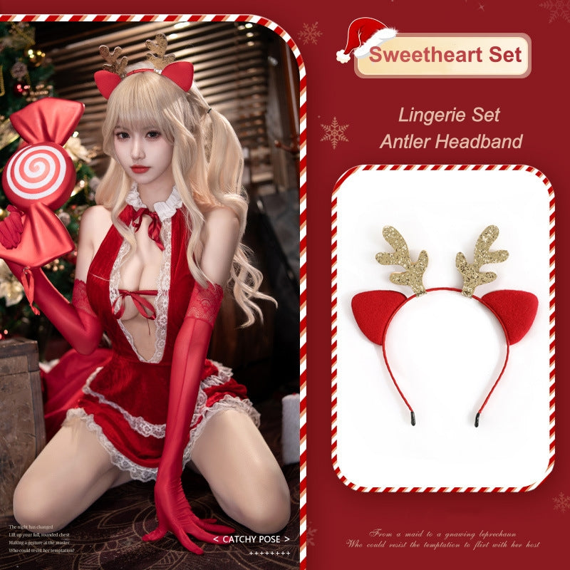 Christmas Sweetheart Deep V Halter Neck Dress Lingerie Set