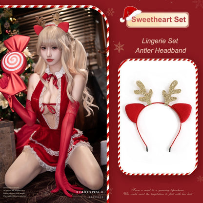 Christmas Sweetheart Deep V Halter Neck Dress Lingerie Set