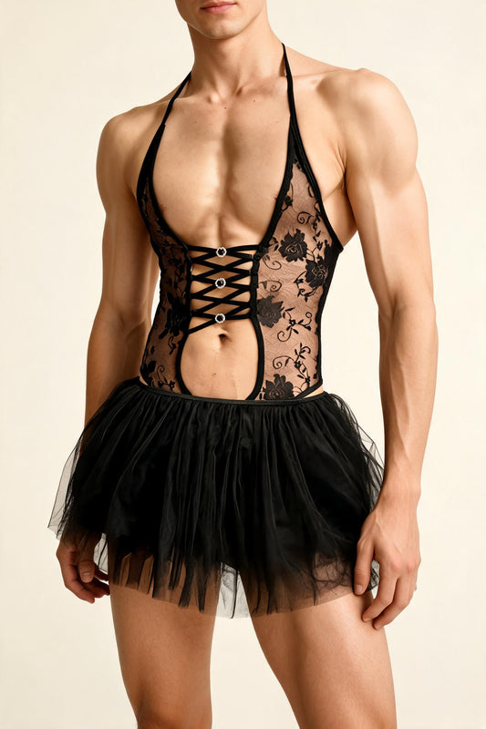Men's Lace Halter Bodysuit with Tulle Skirt