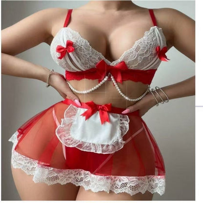 Sexy Sheer Mesh Maid Costume with Bow Ties and Cut-out Waist