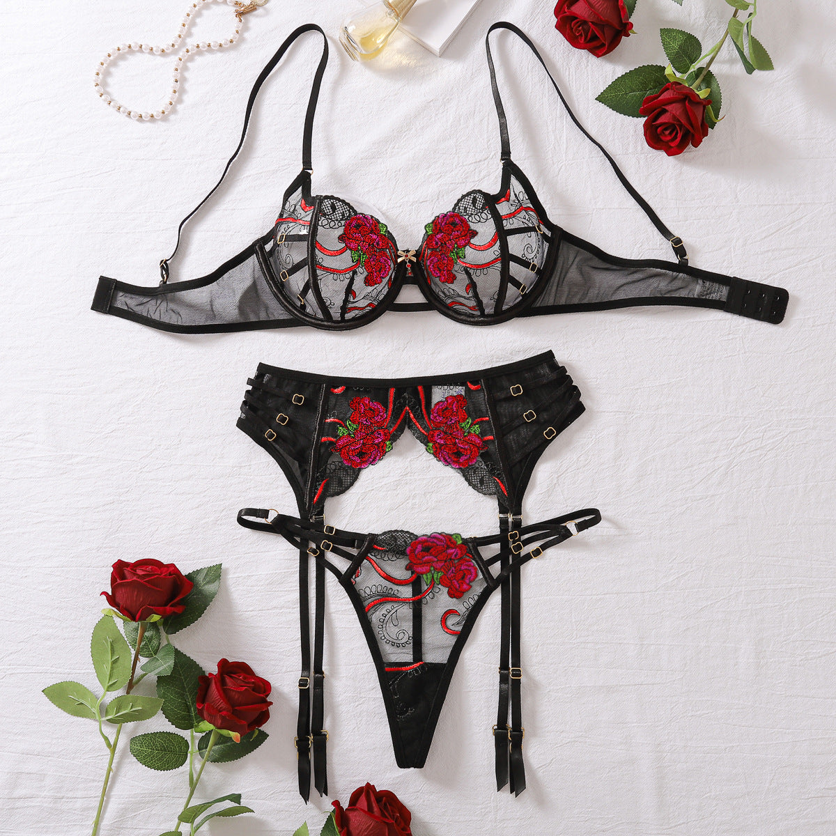Gorgeous Floral Embroidered High Waist Lace Underwire 3 Piece