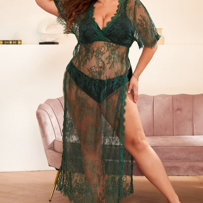 Lace Mesh See-through Sexy Big Dress Sexy Long-Sleeved Suit