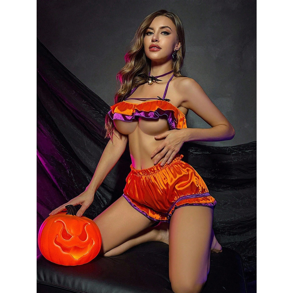 Halloween Orange Lingerie 2 Piece Set Halter Lace Trim Bra & Shorts Cosplay