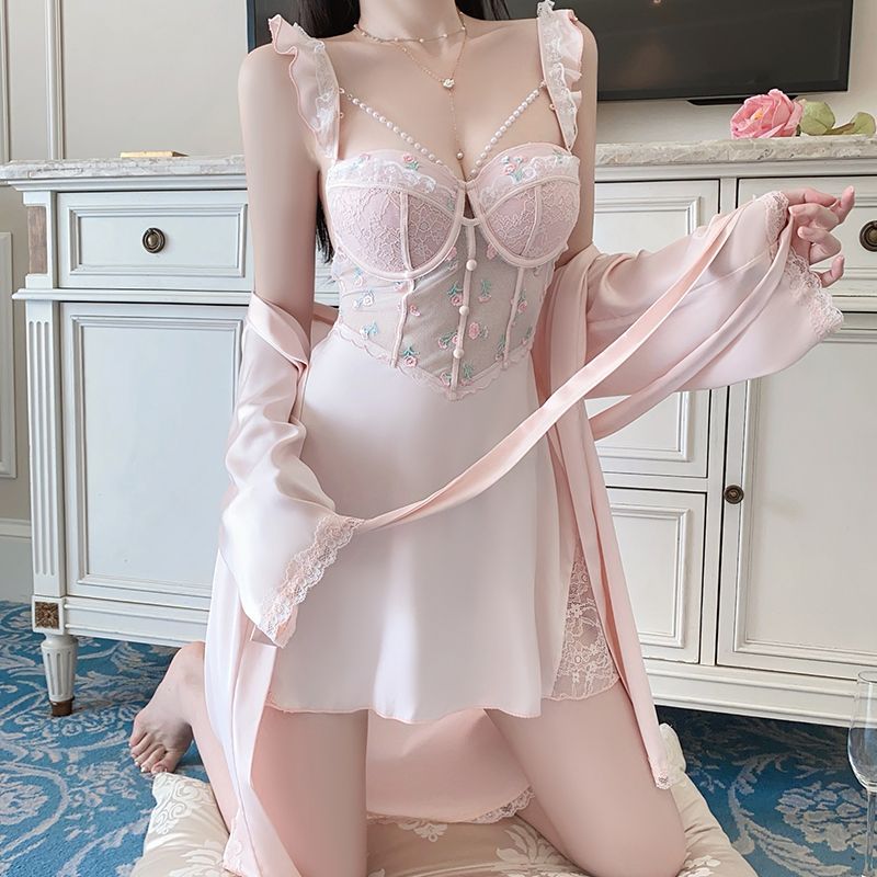 Deep V-shaped Petal Embroidered See-through Sexy Halter Nightgown With Cushion