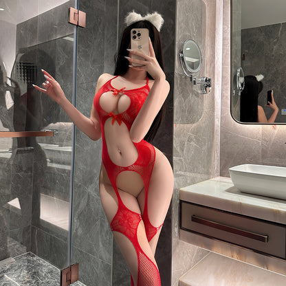 Fishnet Lace Halter Bodystocking with Cups Open Bows Cutout Midriff