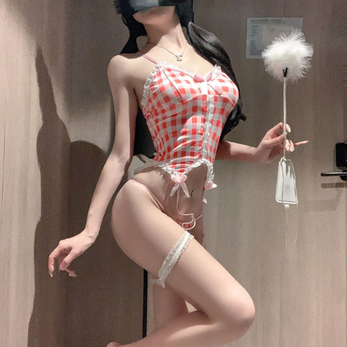Plaid Lingerie Set Gingham Teddy Bodysuit Corset Top Garter Belt Thong