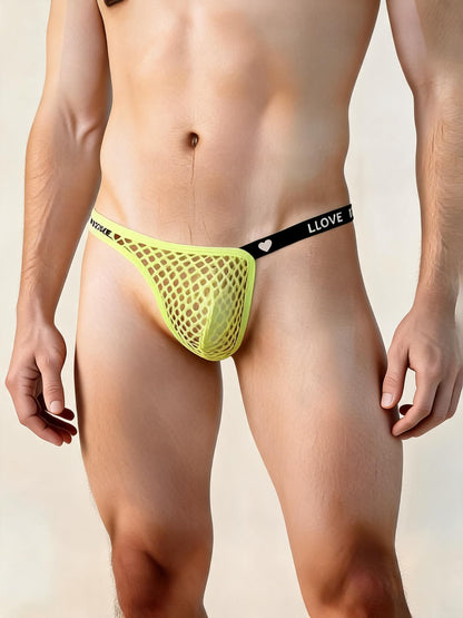 Men's Neon Fishnet Thong Pouch Low Rise Sheer Mesh Underwear