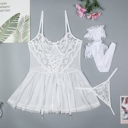 Lace Band Cross Sexy Suspenders Mesh See-through Dress Suit