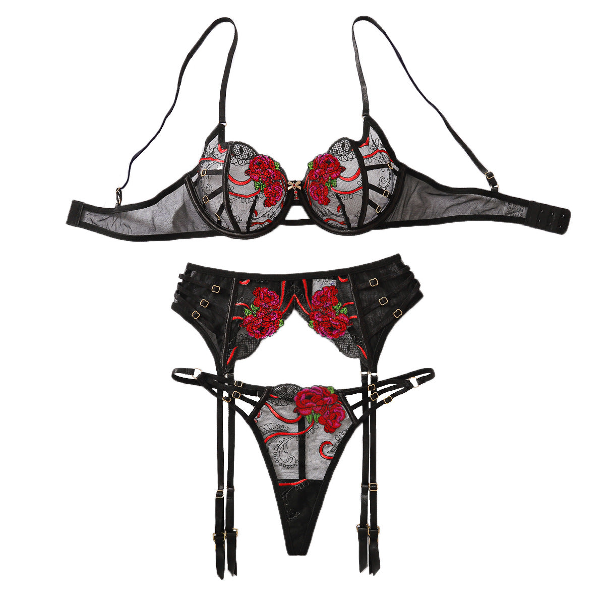 Gorgeous Floral Embroidered High Waist Lace Underwire 3 Piece