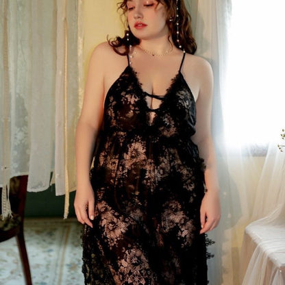 Plus Size Side Slit Lace Slip Nightdress